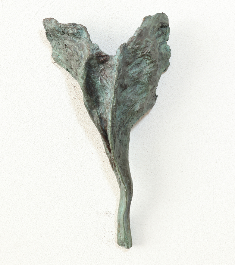 Wall flower / muurbloempje, little bronze object hanging on the wall, lein bronzen figuur aan de wand